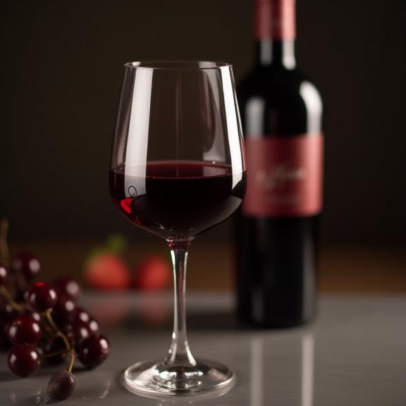 Un bicchiere di vino rosso dell'Etna con la bottiglia sullo sfondo